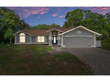 Charming single-story home featuring a two-car garage and landscaped front yard, set against a colorful sunset sky at 204 Oak Lake Dr, Spring Hill, FL 34608