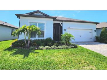 Charming home featuring a beautifully landscaped yard with palm trees and a well-maintained lawn at 9024 Barrier Coast Trl, Parrish, FL 34219