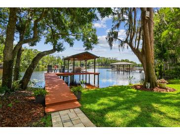 Beautiful lake view with a private covered dock, perfect for relaxing or entertaining near the water at 16205 Sentry Woods Ct, Odessa, FL 33556