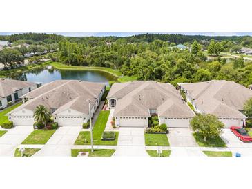 Expansive aerial view of the home's landscaping and surrounding pond, nestled amongst lush trees at 1914 Sassafras Dr, Wesley Chapel, FL 33543