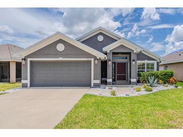 Charming single-story home featuring a well-manicured lawn and a two-car garage with inviting curb appeal at 10915 Kirkwall Port Dr, Wimauma, FL 33598