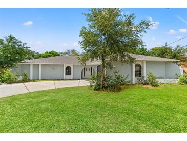 Charming single-story home with a well-manicured lawn, a mature tree, and arched entryway at 10237 Carrin Rd, Spring Hill, FL 34608
