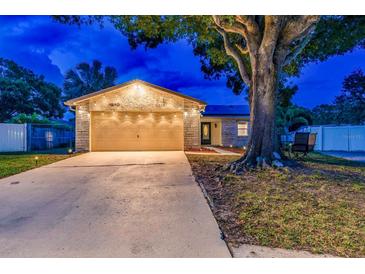 Charming single-story home featuring a large tree, a two-car garage, and warm string lights illuminating the front at 1910 Montego Ct, Oldsmar, FL 34677