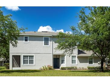 Charming townhome with well-maintained lawn, white-framed windows, and a dark blue front door beneath a covered entry at 19232 Stone Hedge Dr, Tampa, FL 33647