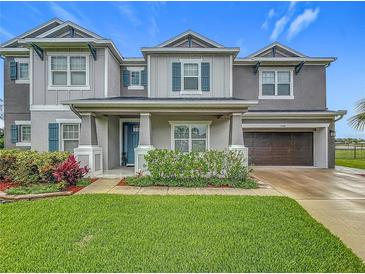 Charming two-story home with landscaped yard, blue shutters, and two-car garage in a desirable neighborhood at 33668 Willow Point Ct, Wesley Chapel, FL 33545