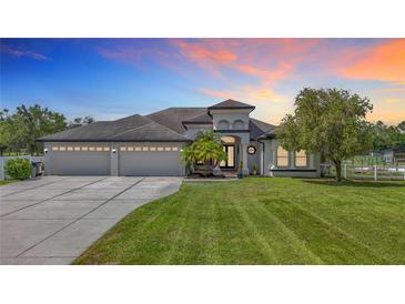 Beautiful single-story home featuring a well-manicured lawn, three-car garage and elegant architectural details at 12637 Tyler Run Ave, Odessa, FL 33556