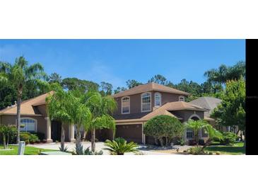Charming two-story home featuring a well-manicured lawn with tropical landscaping at 18434 Eastwyck Dr, Tampa, FL 33647