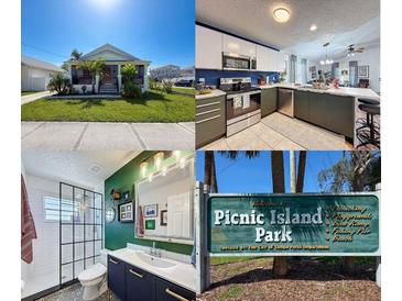 A real estate image collage including the home's exterior, kitchen, bathroom and a local park at 7516 S Mascotte St, Tampa, FL 33616