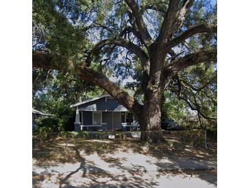 Charming single-story home featuring a cozy porch, shaded by a large, mature tree, and surrounded by a chain link fence at 510 E Lake Ave, Tampa, FL 33603