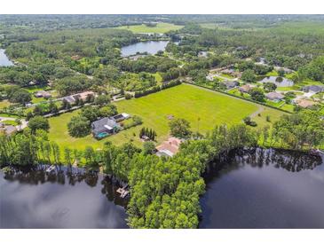 Beautiful aerial view of a lakeside home with lush greenery and a private pool at 820 Newberger Rd, Lutz, FL 33549