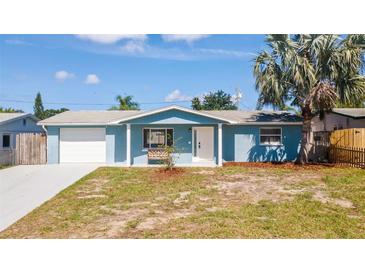 Charming single-story home with blue siding, white trim, and a well-maintained front yard at 1051 Pert Ln, Holiday, FL 34691