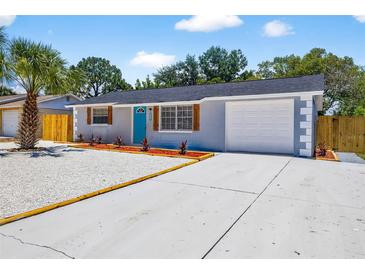 Charming single-story home with a vibrant blue door, well-maintained landscaping, and a spacious driveway at 11520 Meadow Dr, Port Richey, FL 34668