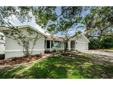 Charming single-story home with a well-manicured lawn and mature trees, offering great curb appeal at 2609 Sunnyside Cir, Palm Harbor, FL 34684