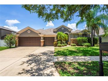 Charming home featuring a well-manicured lawn, a three-car garage, and mature landscaping, showcasing curb appeal at 12801 Stanwyck Cir, Tampa, FL 33626
