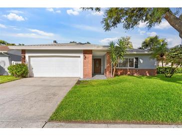 Charming single-story home features a well-manicured lawn and a brick facade at 1667 E Orangeside Rd, Palm Harbor, FL 34683
