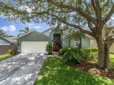 Charming single-Gathering home featuring a well-manicured lawn and inviting front entrance with mature shade trees at 18930 Wood Sage Dr, Tampa, FL 33647