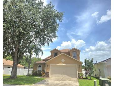 Charming home featuring a two-car garage, manicured lawn, mature tree, and beautiful blue skies at 31141 Harthorn Ct, Wesley Chapel, FL 33543