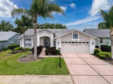 Charming single-story home with well-manicured lawn, mature landscaping, and a welcoming front entrance at 18549 Grand Club Dr, Hudson, FL 34667