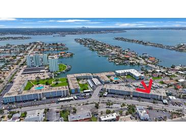 Panoramic aerial view of waterfront complex, showing the surrounding neighborhood and water views at 6161 Gulf Winds Dr # 347, St Pete Beach, FL 33706