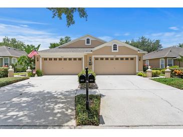 Charming home featuring a double garage, well-manicured lawn, and inviting curb appeal at 8624 Snowy Owl Way, Tampa, FL 33647
