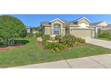 Charming single-Gathering home with lush landscaping and a well-maintained lawn at 5046 Gato Del Sol Cir, Wesley Chapel, FL 33544