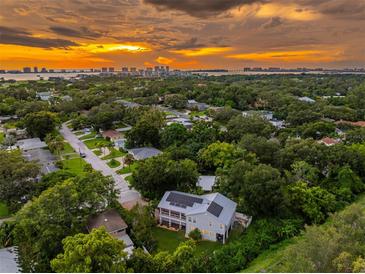 Breathtaking sunset view of the home and lush surroundings of the area and the city skyline in the background at 321 Barbara Cir, Belleair, FL 33756