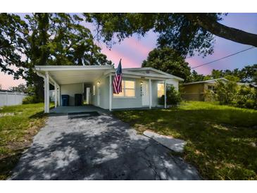 Charming single-story home with gray exterior, covered parking, and an American flag at 10215 N 23Rd St, Tampa, FL 33612