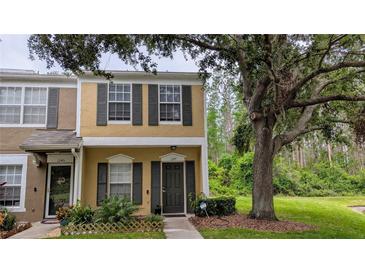 Inviting two-story townhome featuring a well-maintained lawn and black shutters on the windows at 1247 Kennewick Ct, Wesley Chapel, FL 33543