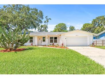 Charming single-story home with a well-maintained lawn and landscaping featuring a decorative cactus at 2017 Rebecca Dr, Clearwater, FL 33764