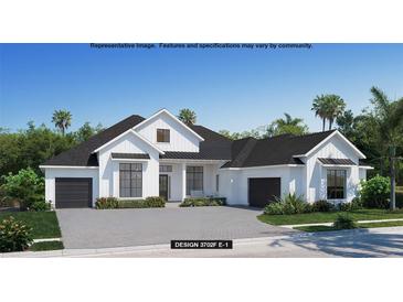 Modern farmhouse-style home with a black roof, white siding, two-car garage, and a well-manicured lawn at 5119 Summit View Dr, Brooksville, FL 34601