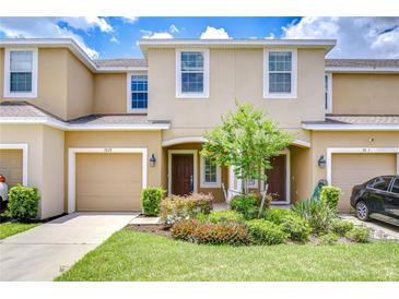 Charming townhome with a well-maintained lawn and beautiful landscaping at 7077 Woodchase Glen Dr, Riverview, FL 33578