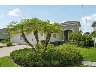 Well-manicured front yard with palm trees and lush landscaping enhances curb appeal of this lovely single-Gathering home at 13524 Circa Crossing Dr, Lithia, FL 33547