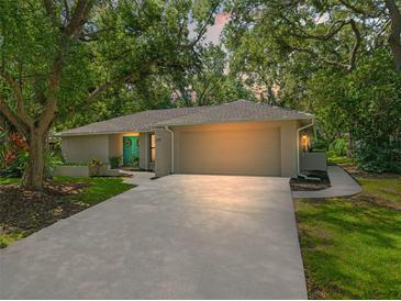 Charming single-story home with lush trees, a large driveway, and a bright blue double-door entryway at 39 Bishop Creek Dr, Safety Harbor, FL 34695