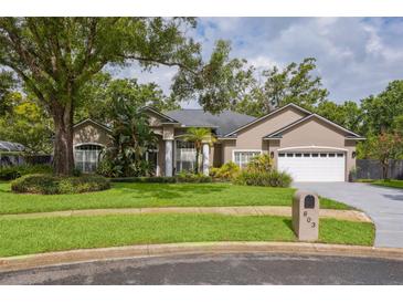 Beautiful single-story home with lush landscaping, two-car garage, and well-manicured lawn at 803 Brooker Village Cir, Lutz, FL 33548