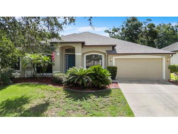 Beautifully landscaped one story home with a manicured lawn and attached two car garage at 8836 Alafia Cove Dr, Riverview, FL 33569