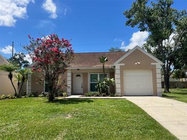 Charming single-story home with a well-maintained lawn, blooming tree and driveway leading to an attached one car garage at 1621 Crossridge Dr, Brandon, FL 33510