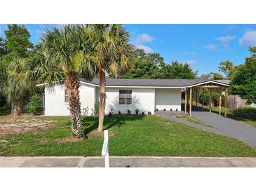 Charming single-story home with white exterior, green lawn, and tropical palm trees at 485 Stillwater Ave, Spring Hill, FL 34606