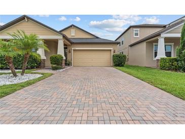 Charming home with a brick driveway, a two-car garage, and a well-manicured lawn with palm trees at 11308 Chilly Water Ct, Riverview, FL 33569