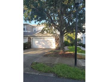 Charming townhome with a stone facade, well-maintained landscaping, and a two-car garage at 19239 Stone Hedge Dr, Tampa, FL 33647