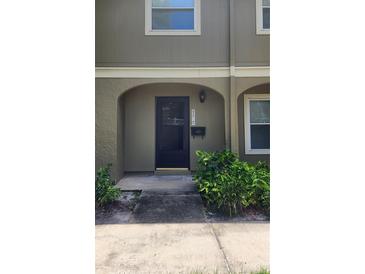 Townhouse front door with black door, mailbox, address, and landscaping at 7107 Hernando Ct, Tampa, FL 33615