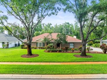 Charming single-story home with a well-manicured lawn and mature trees in a desirable neighborhood at 1015 Hastings Ct, Lutz, FL 33548