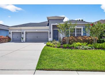 Charming single-story home featuring a well-manicured lawn and a three-car garage at 17651 Bright Wheat Dr, Lithia, FL 33547