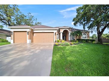 Charming single-story home featuring a well-manicured lawn, a three-car garage, and inviting landscaping at 10101 Paddock Oaks Dr, Riverview, FL 33569