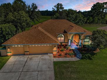 Aerial view of a single-story home with a three-car garage, lush landscaping, and a well-manicured lawn at 18168 Clearview Dr, Brooksville, FL 34604