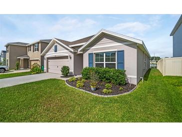 Charming single-story home featuring a manicured lawn, neutral paint, blue shutters, and a two-car garage at 7774 Sail Clover Ln, Zephyrhills, FL 33540