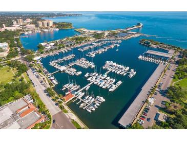 Aerial view of marina showcases numerous boats with ocean backdrop at 1137 Highland S St, St Petersburg, FL 33701