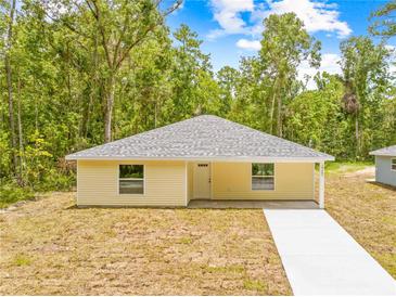 Charming single-story home features a light yellow facade, concrete walkway, and lush green forest backdrop at 19267 Wildwood Dr, Brooksville, FL 34601