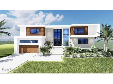 Contemporary two-story home features a modern design with a two-car garage, beautiful front yard, and eye-catching curb appeal at 7849 Marsh Pointe Dr, Tampa, FL 33635