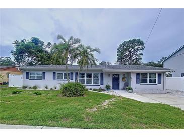 Charming single-story home featuring a well-manicured lawn and inviting curb appeal with a beautiful palm tree at 1445 Coburn Dr, Tarpon Springs, FL 34689