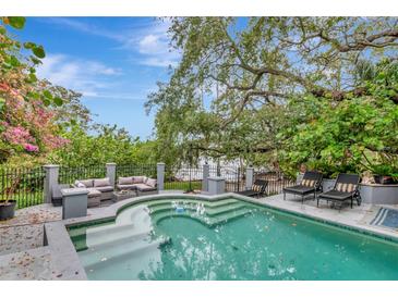 Inviting outdoor pool area with lounge seating, mature trees, and an elegant iron fence at 6220 Bayshore Blvd, Tampa, FL 33611
